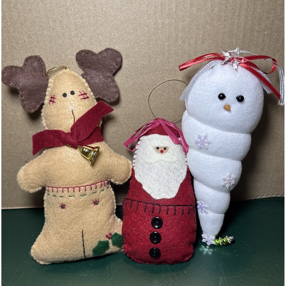 Vintage Handmade Felt Christmas Ornaments  Reindeer Snowman